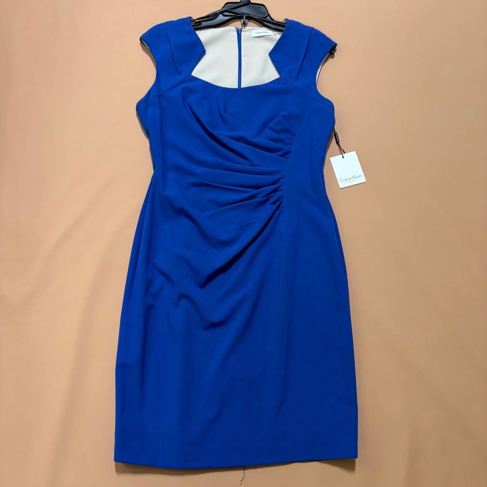 Calvin Klein Atlantis‎ Blue Ruched Sheath Dress Size 10 Cap Sleeve NWT Career